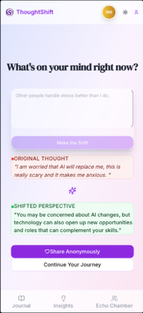 ThoughtShift app interface showing thought transformation